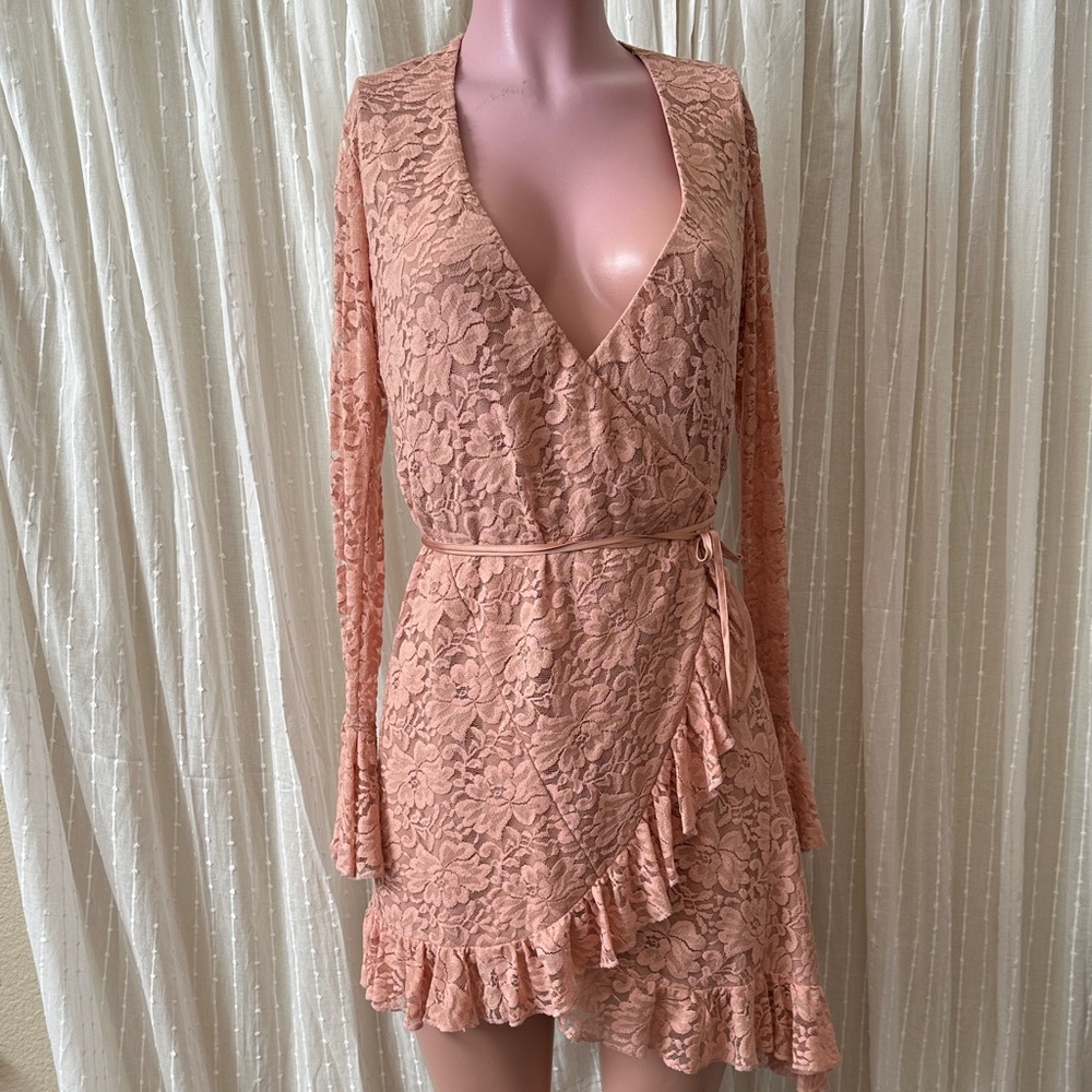 HAH Long sleeve Lace Wrap Dress with Ruffle Hem